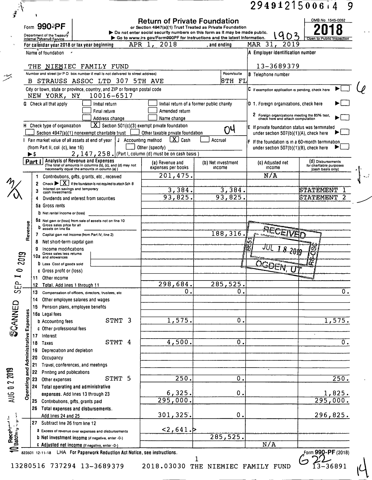 Image of first page of 2018 Form 990PF for The Niemiec Family Fund