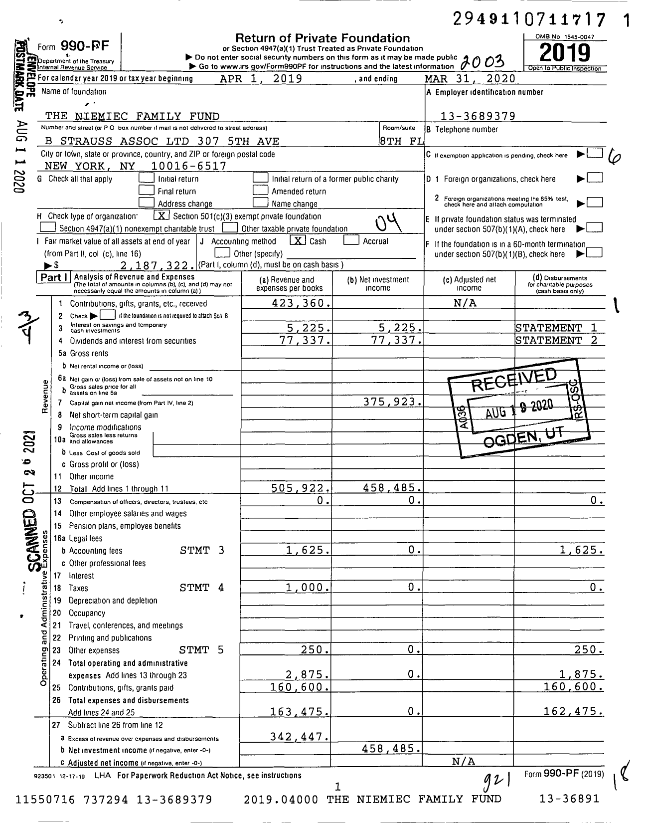 Image of first page of 2019 Form 990PF for The Niemiec Family Fund