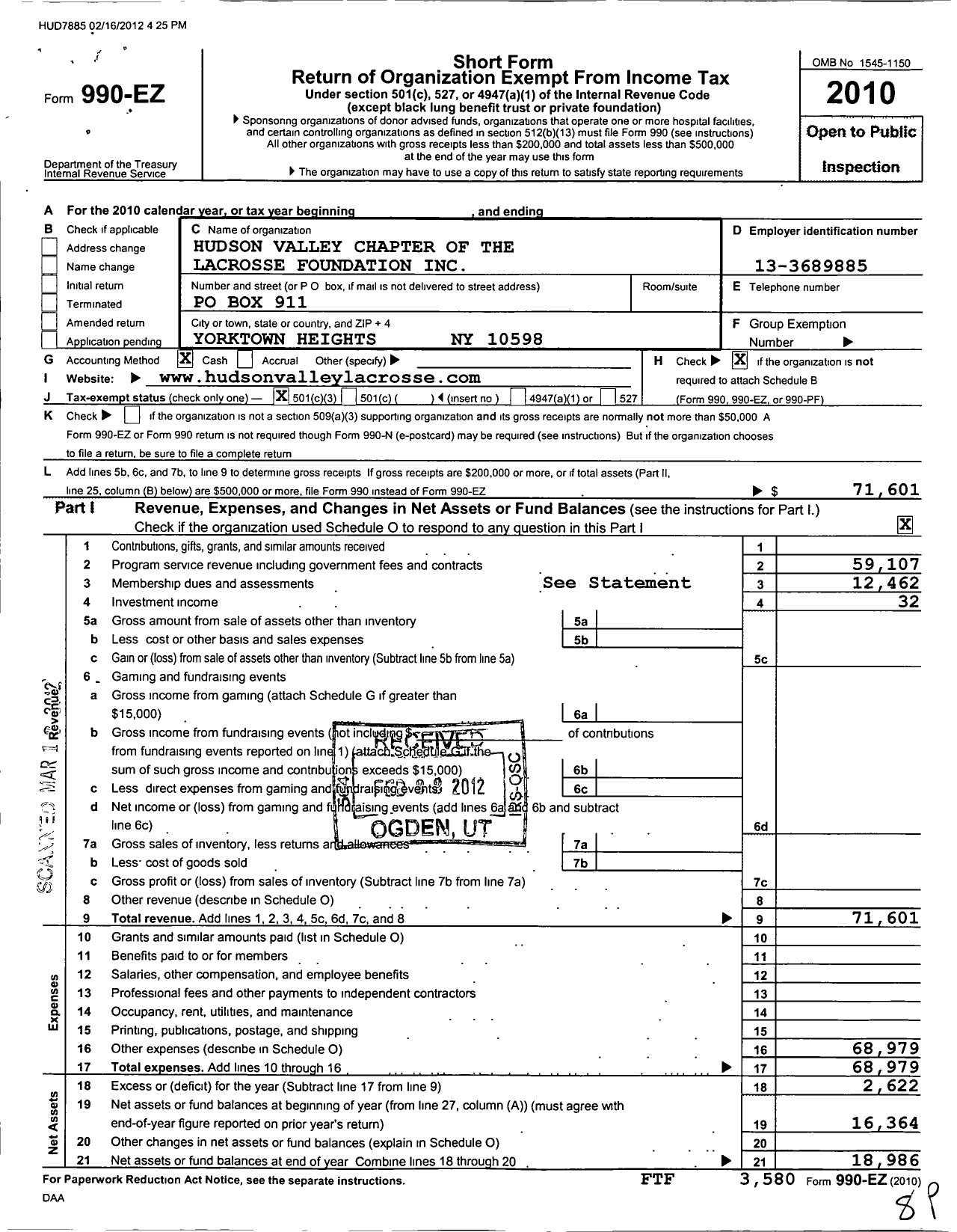 Image of first page of 2010 Form 990EZ for Us Lacrosse / The Hudson Vly Chap of Us Lacrosse