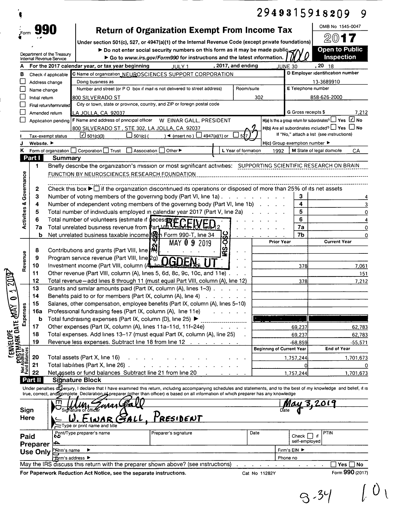 Image of first page of 2017 Form 990 for Neurosciences Support Corporation