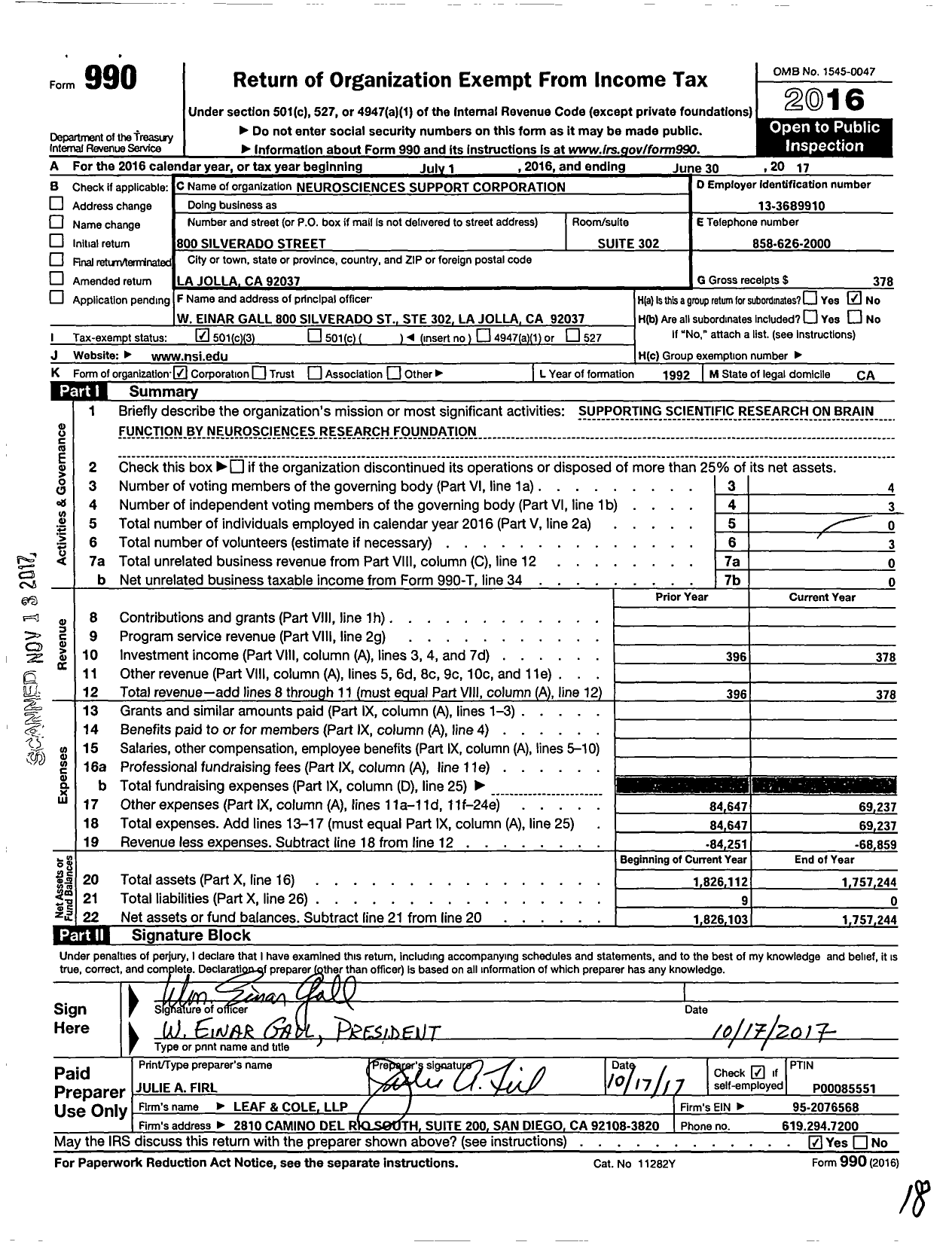 Image of first page of 2016 Form 990 for Neurosciences Support Corporation