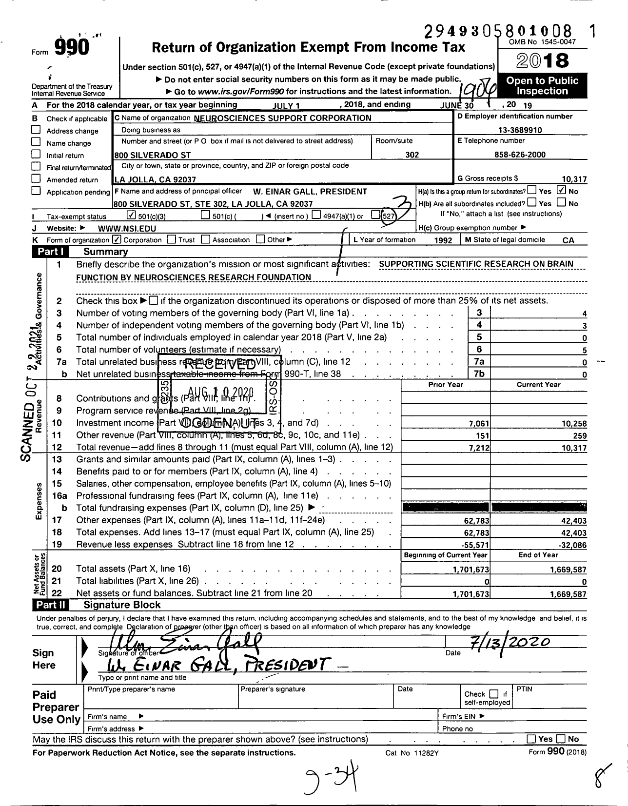 Image of first page of 2018 Form 990 for Neurosciences Support Corporation