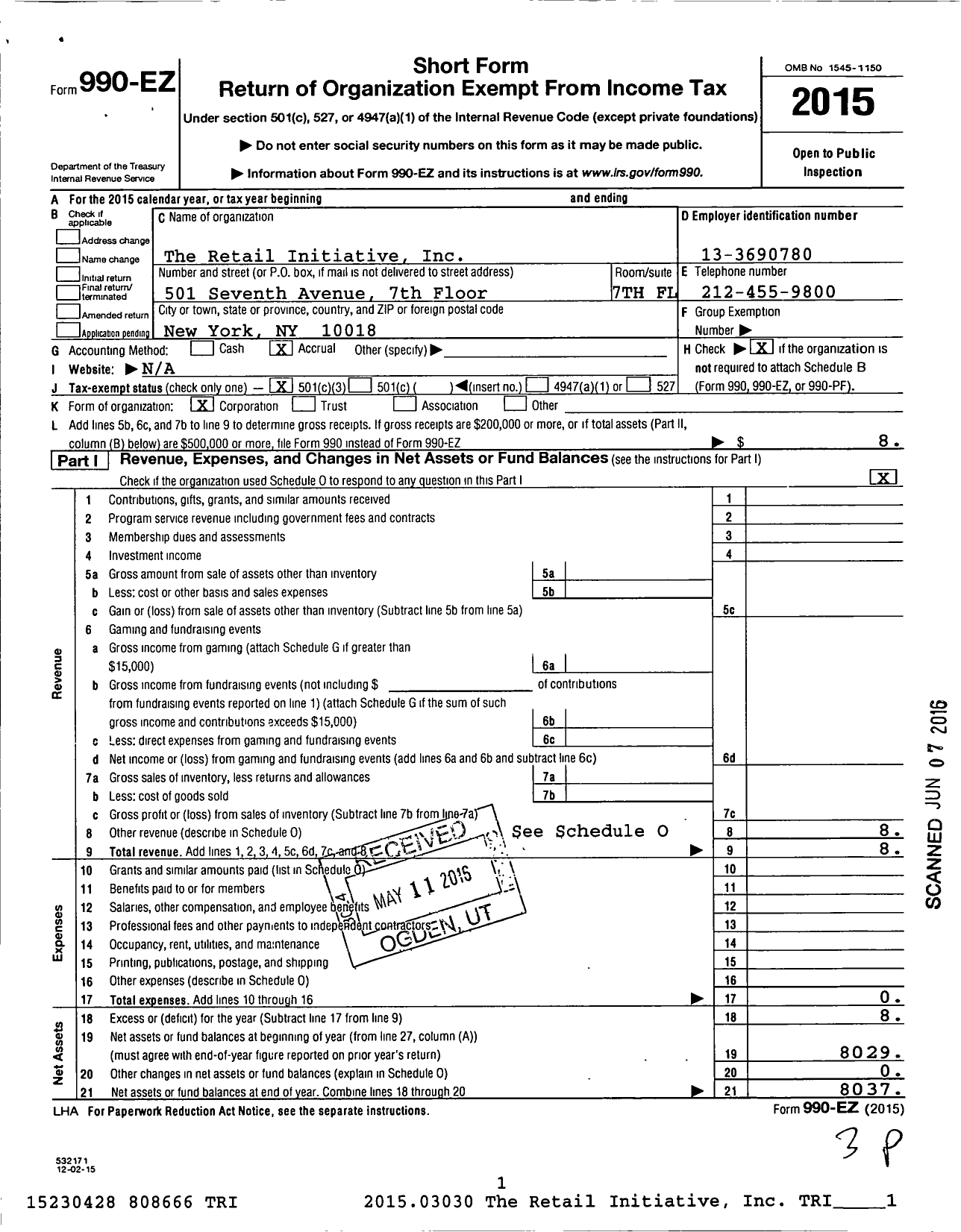 Image of first page of 2015 Form 990EZ for Retail Initiative