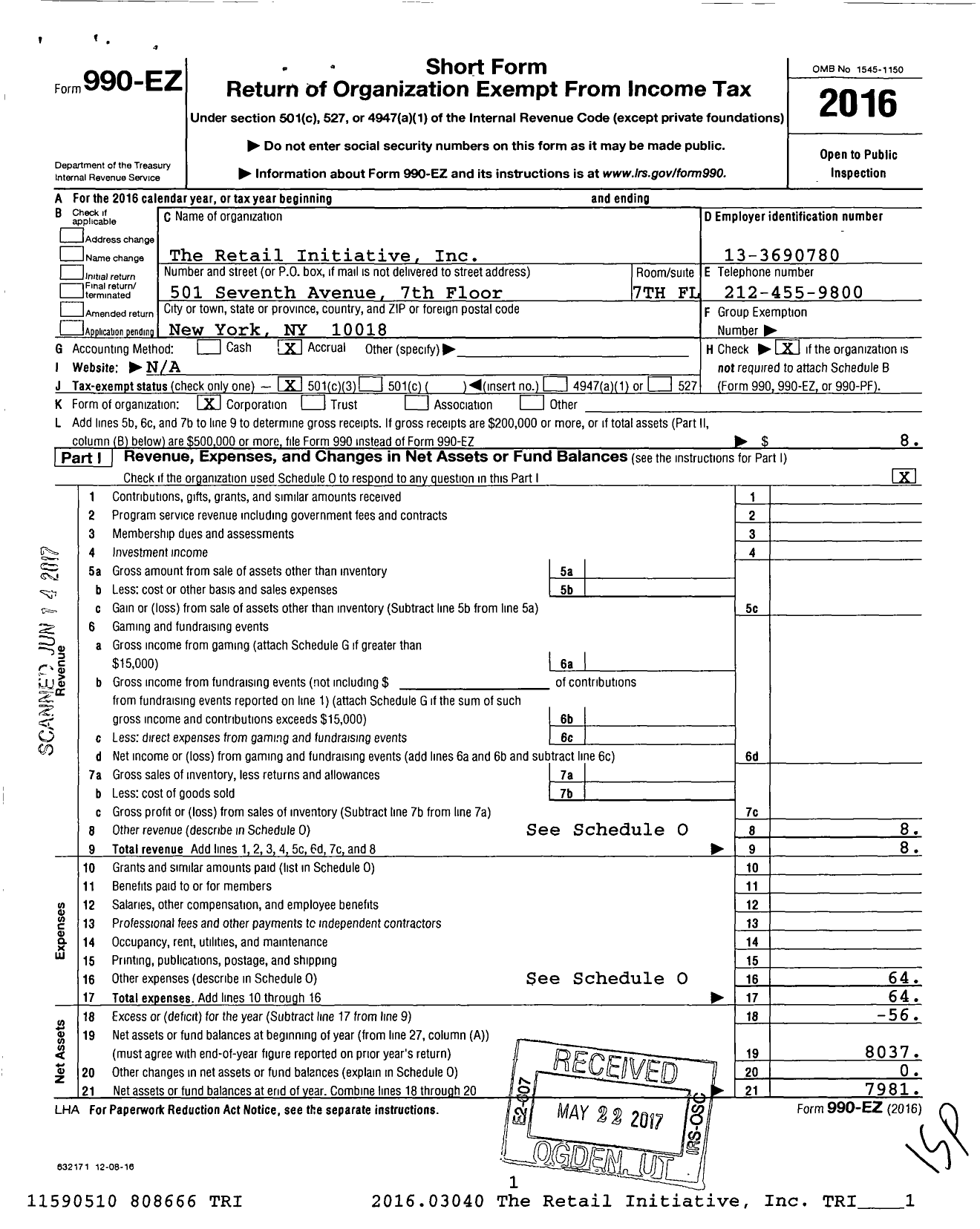 Image of first page of 2016 Form 990EZ for Retail Initiative