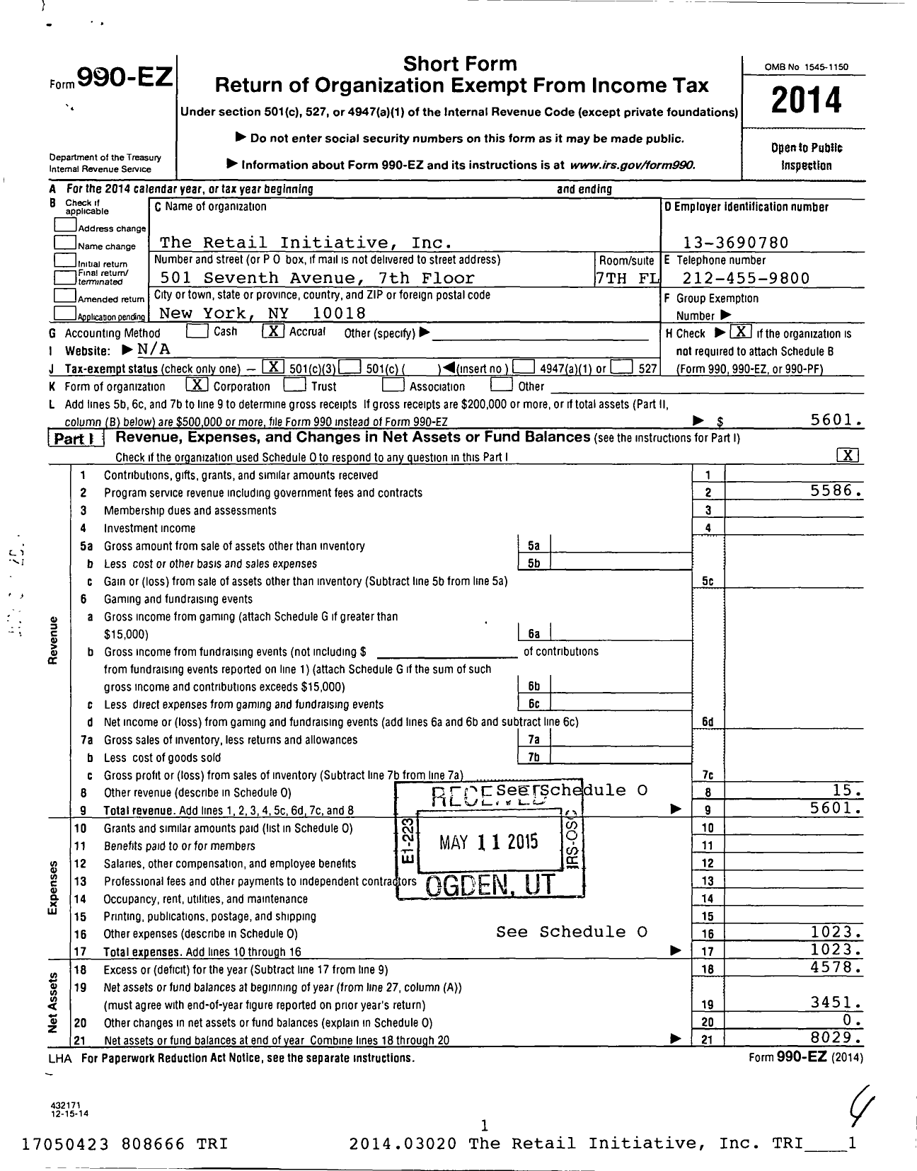 Image of first page of 2014 Form 990EZ for Retail Initiative