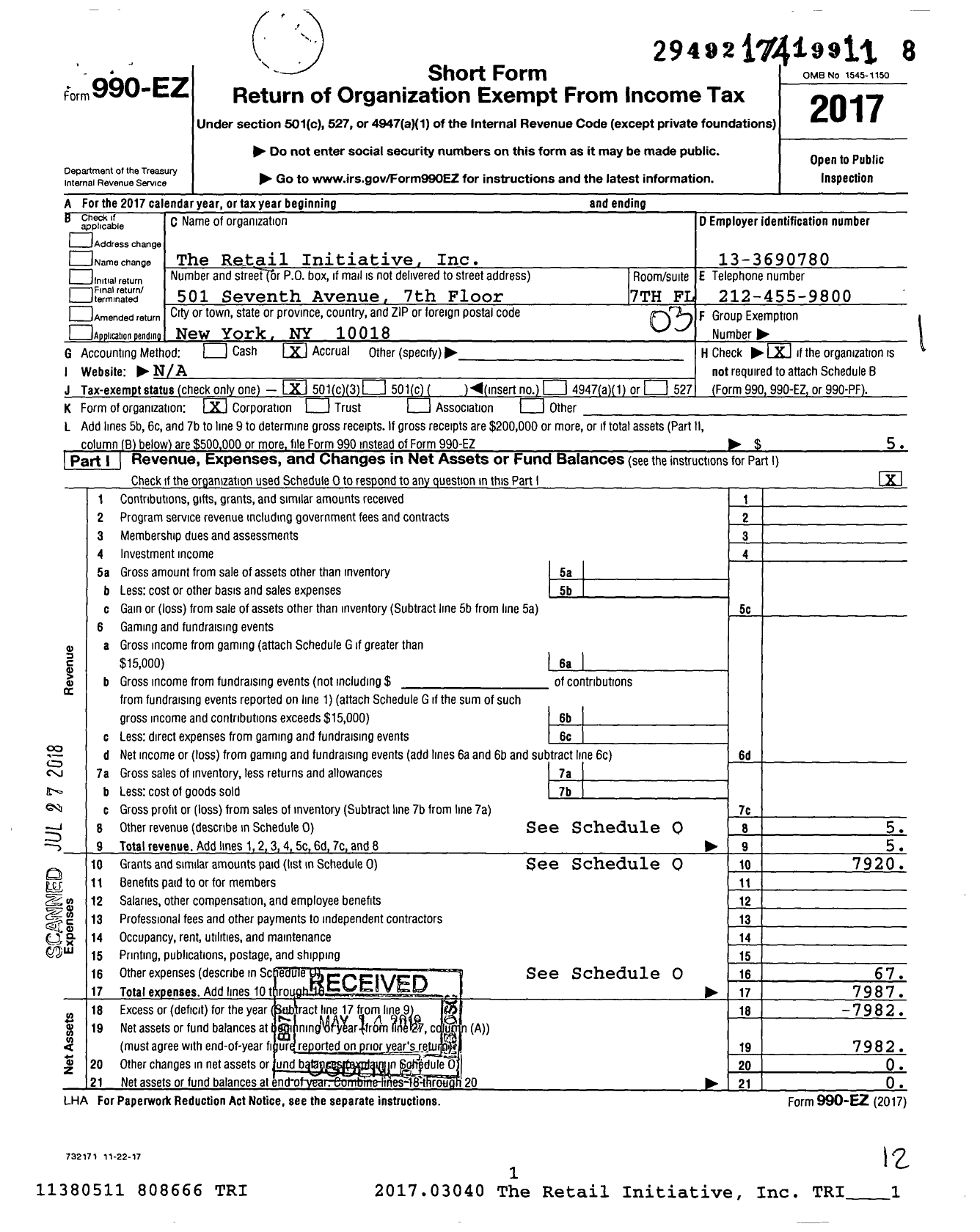 Image of first page of 2017 Form 990EZ for Retail Initiative