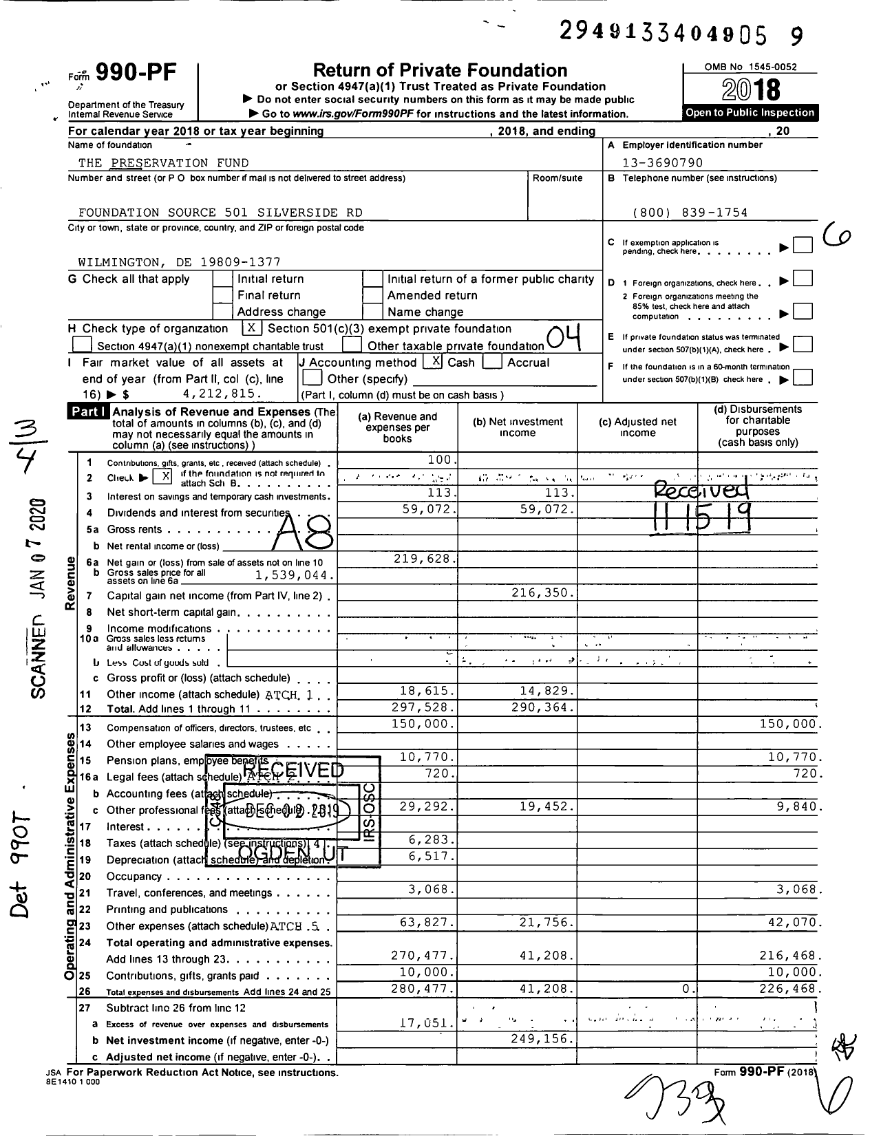 Image of first page of 2018 Form 990PF for The Preservation Fund