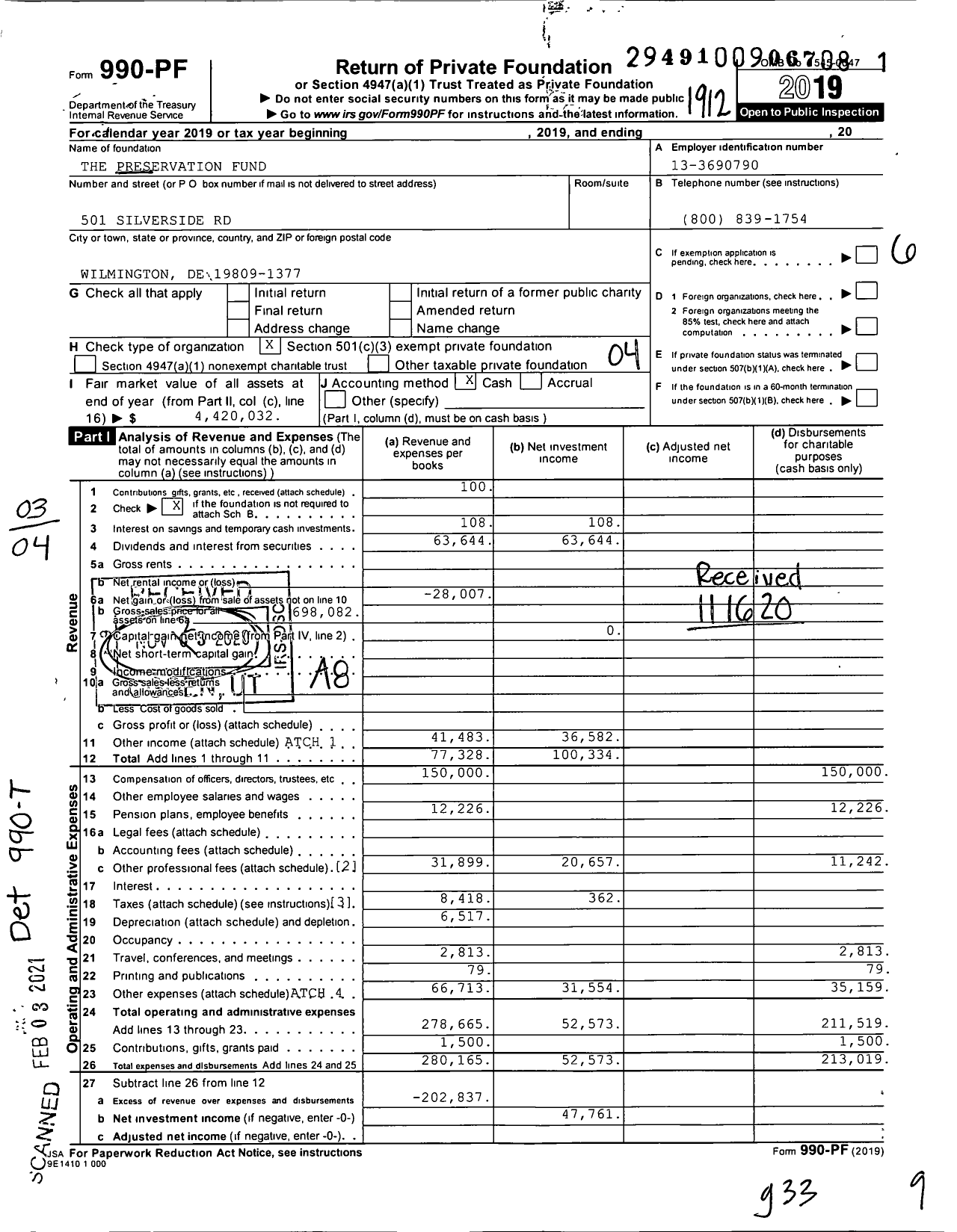 Image of first page of 2019 Form 990PF for The Preservation Fund