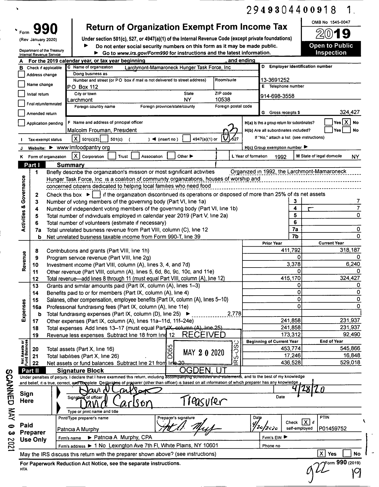 Image of first page of 2019 Form 990 for Larchmont-Mamaroneck Hunger Task Force