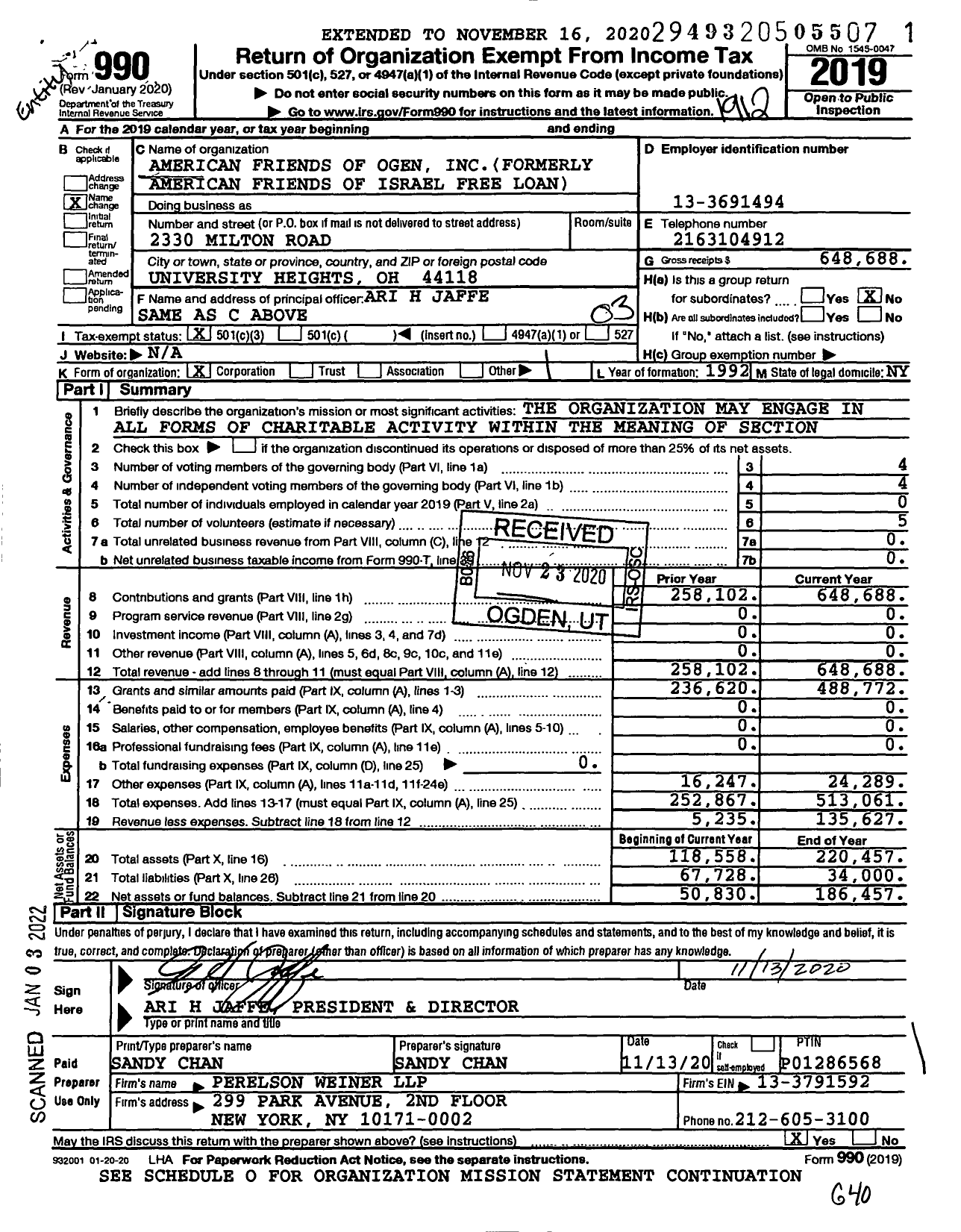 Image of first page of 2019 Form 990 for American Friends of Ogen