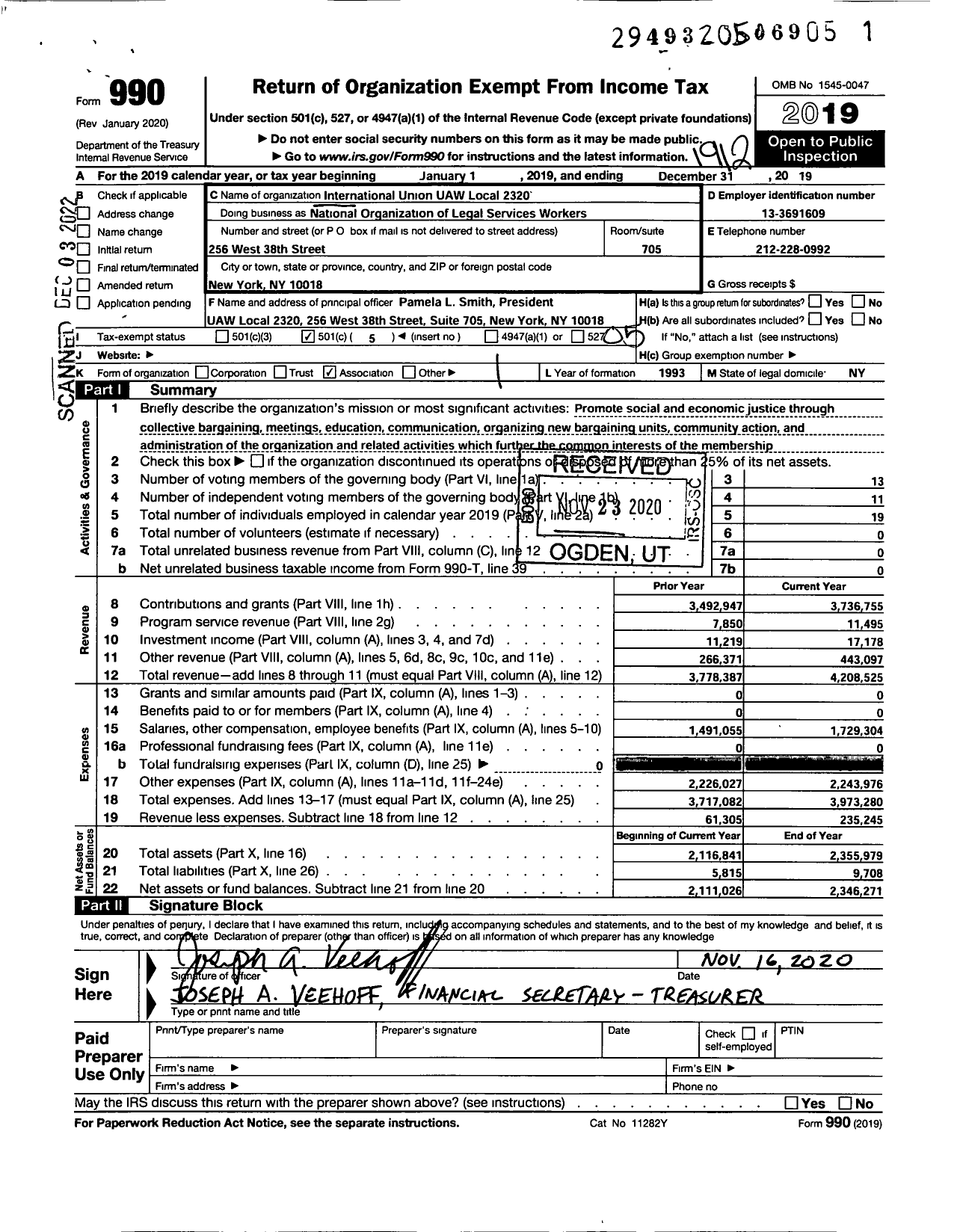 Image of first page of 2019 Form 990O for UAW - Local Union 2320 UAW