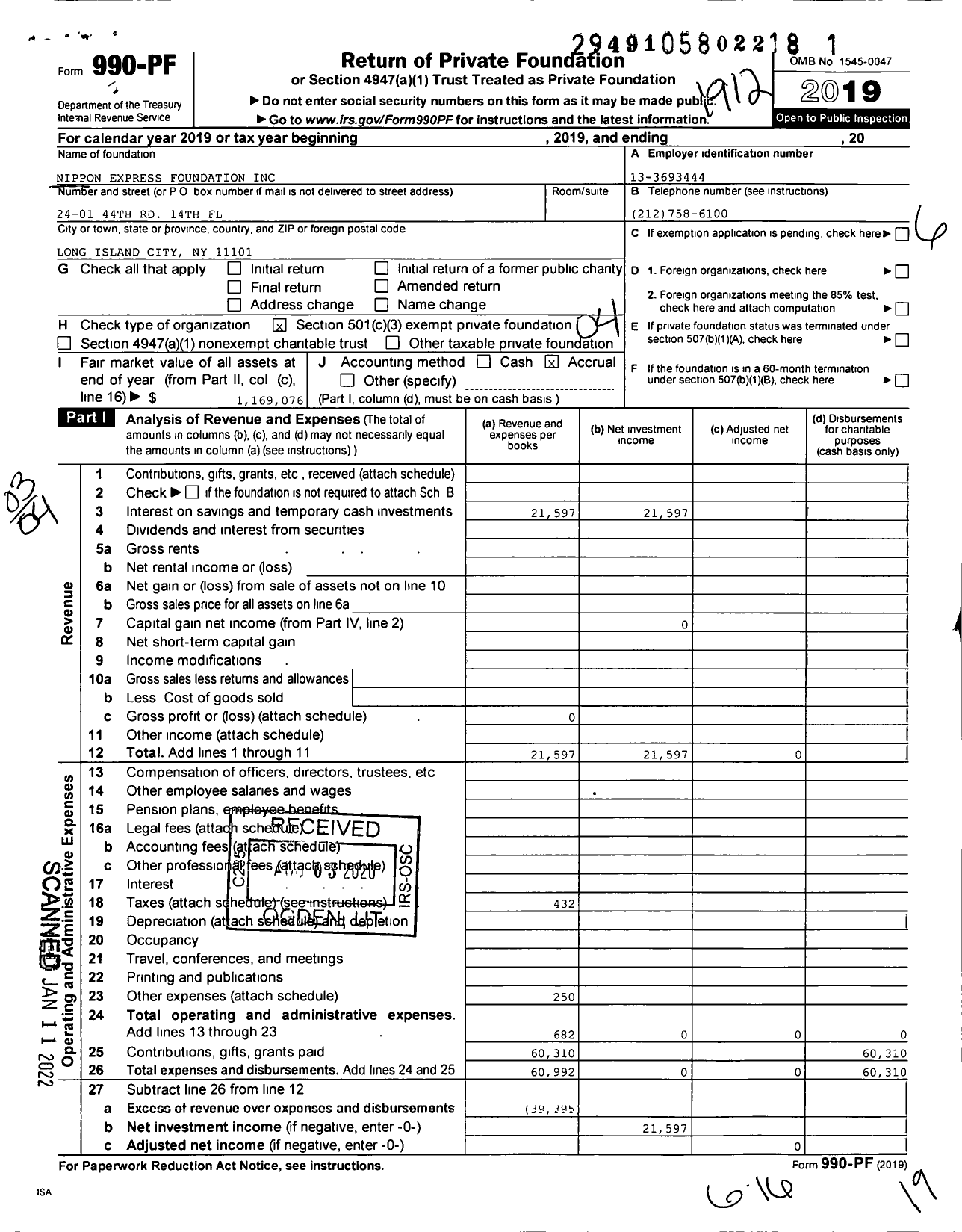 Image of first page of 2019 Form 990PF for Nippon Express Foundation