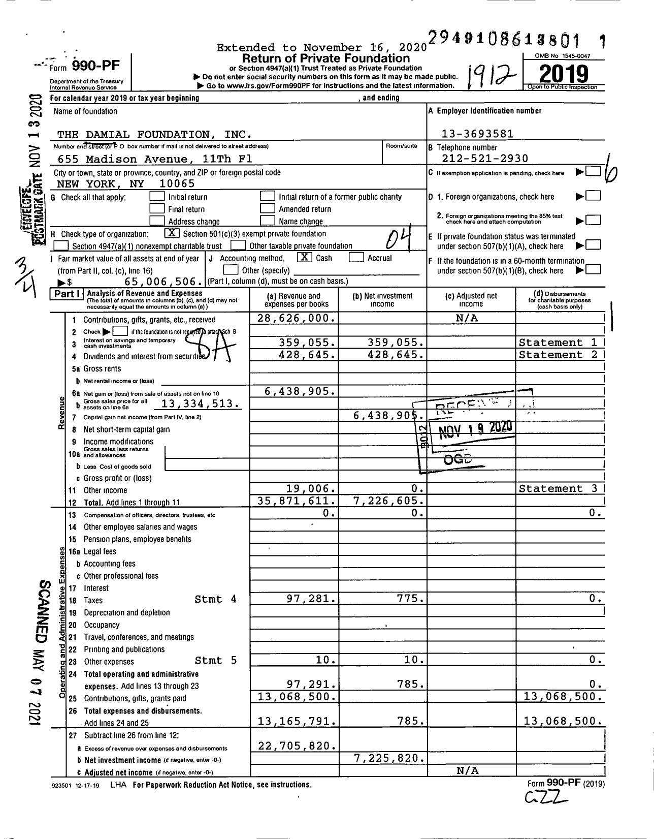 Image of first page of 2019 Form 990PF for Damial Foundation