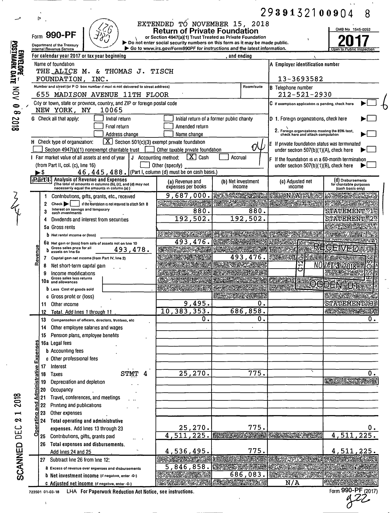 Image of first page of 2017 Form 990PF for Alice M. and Thomas J. Tisch Foundation