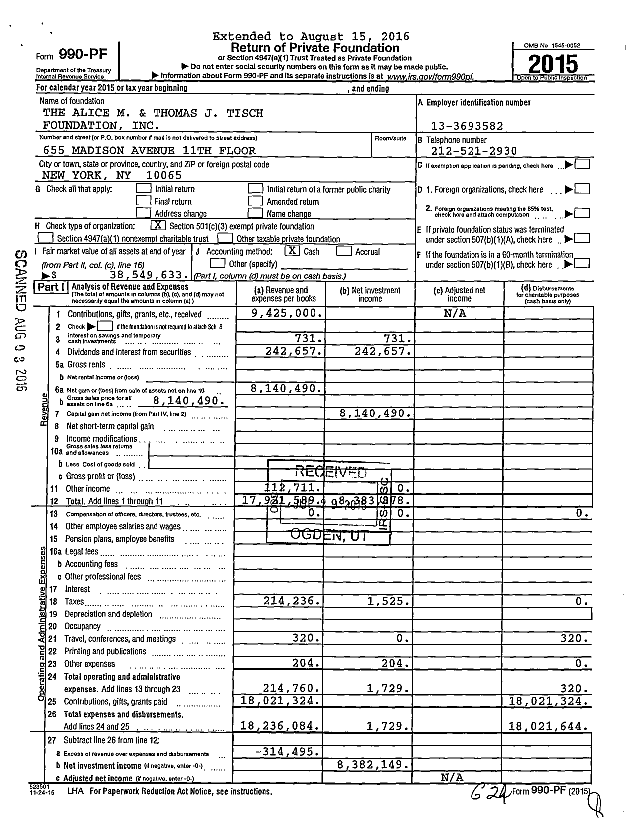 Image of first page of 2015 Form 990PF for Alice M. and Thomas J. Tisch Foundation