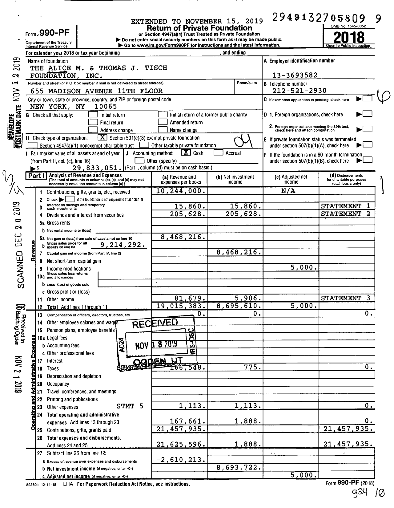 Image of first page of 2018 Form 990PF for Alice M. and Thomas J. Tisch Foundation