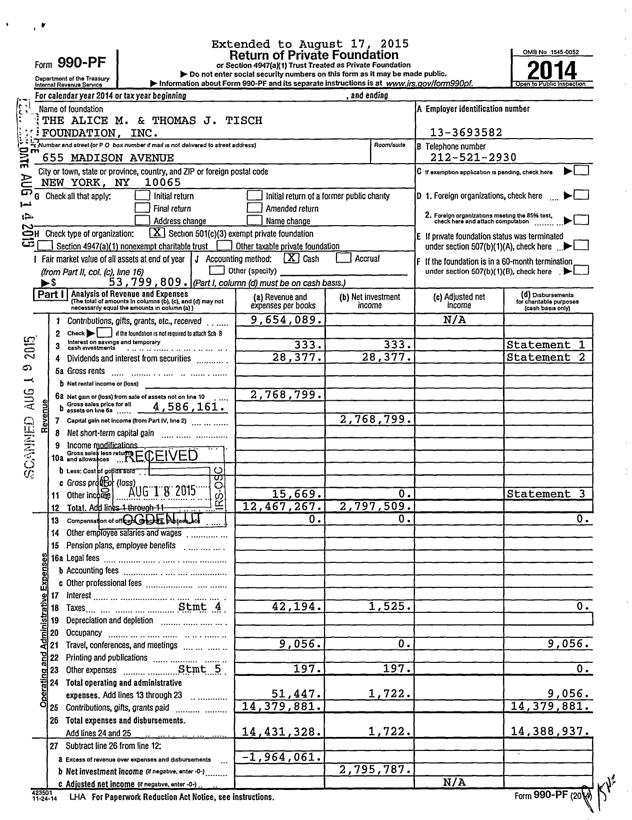 Image of first page of 2014 Form 990PF for Alice M. and Thomas J. Tisch Foundation