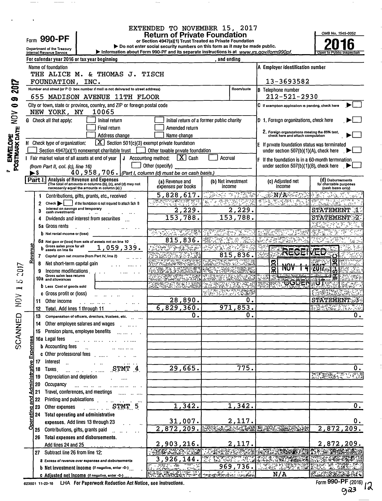 Image of first page of 2016 Form 990PF for Alice M. and Thomas J. Tisch Foundation