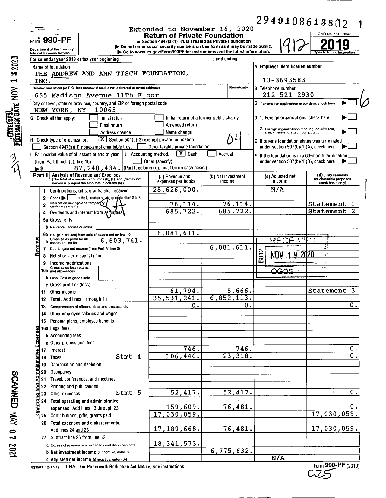 Image of first page of 2019 Form 990PF for Andrew and Ann Tisch Foundation