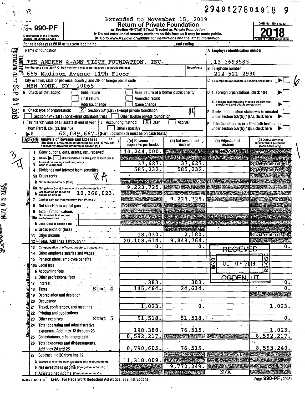 Image of first page of 2018 Form 990PF for Andrew and Ann Tisch Foundation