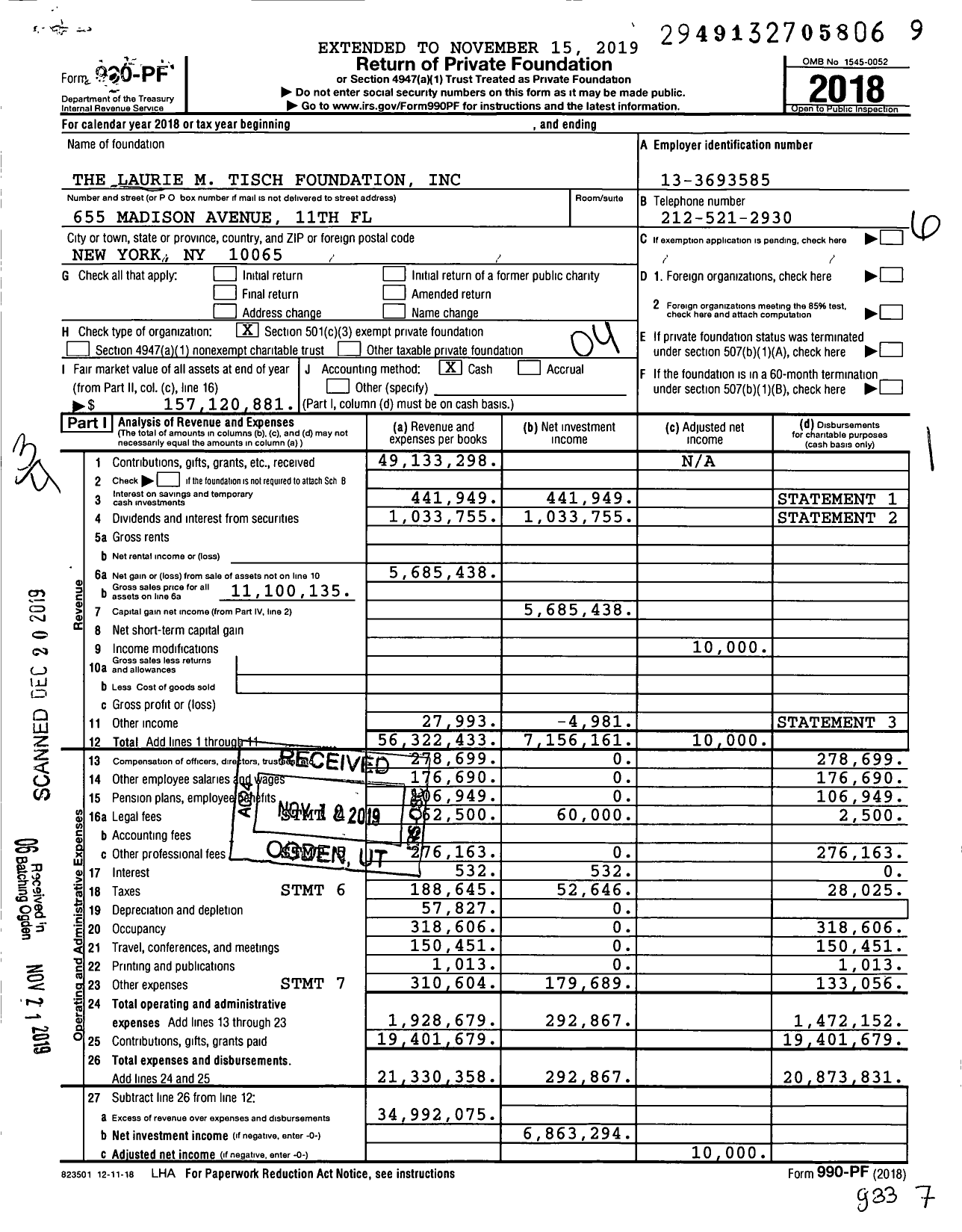 Image of first page of 2018 Form 990PF for The Laurie M. Tisch Foundation