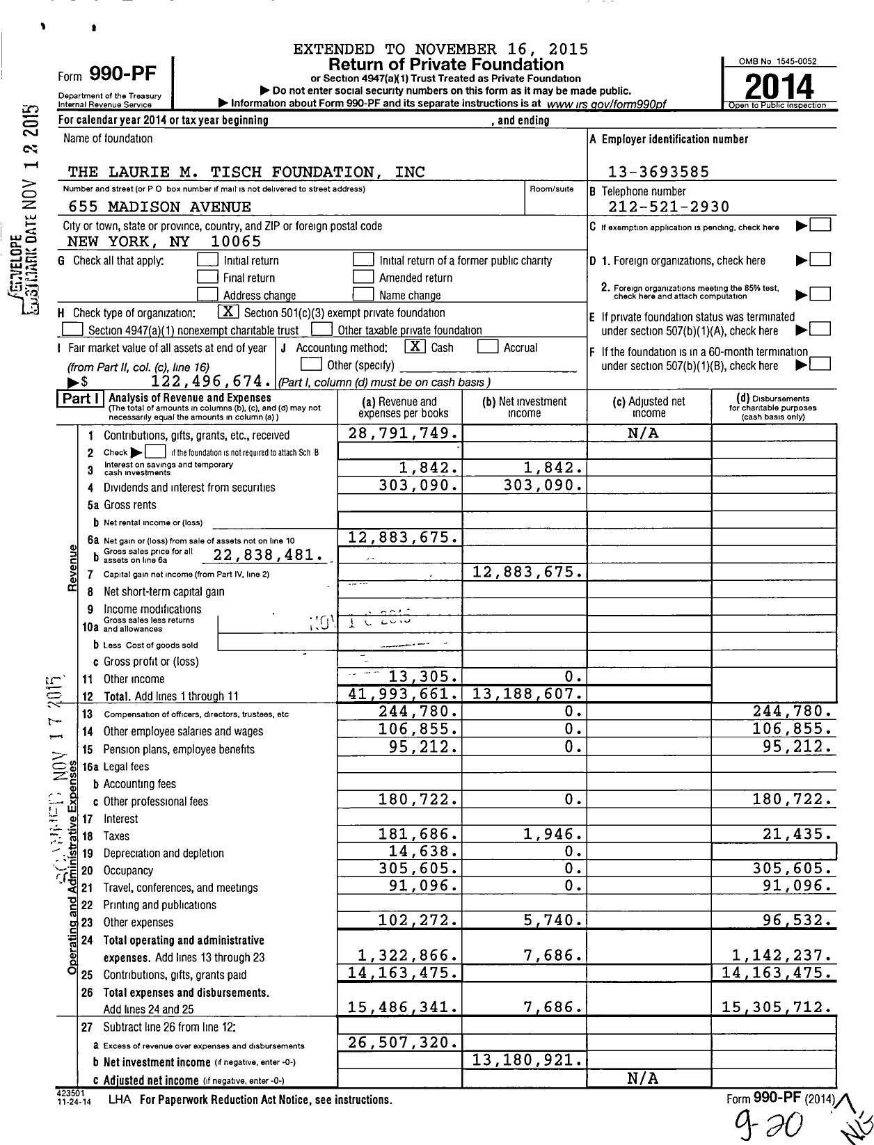 Image of first page of 2014 Form 990PF for The Laurie M. Tisch Foundation