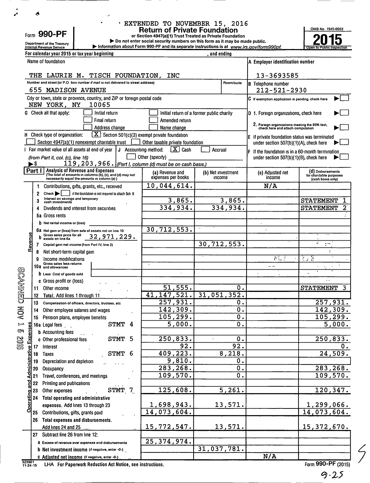 Image of first page of 2015 Form 990PF for The Laurie M. Tisch Foundation