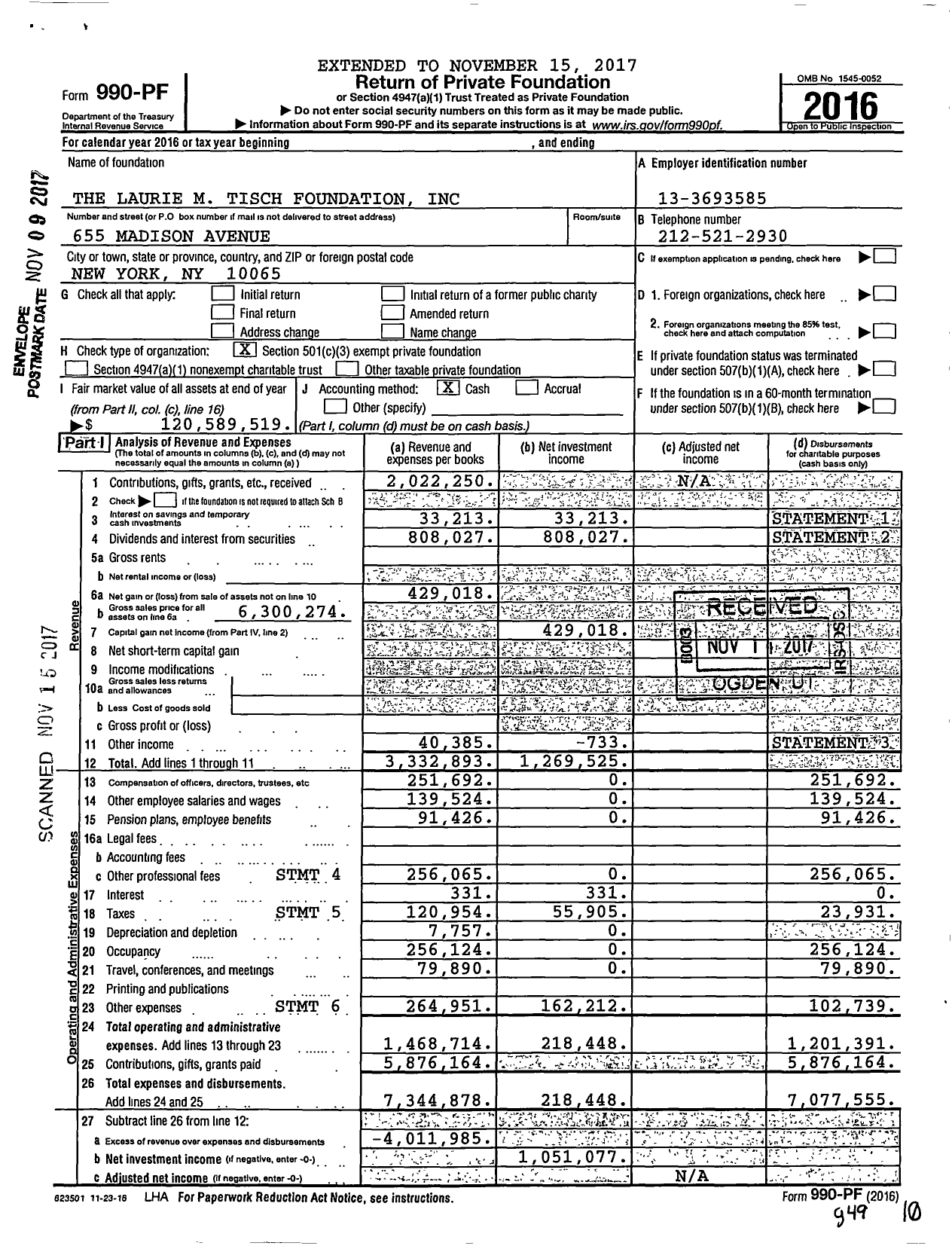 Image of first page of 2016 Form 990PF for The Laurie M. Tisch Foundation