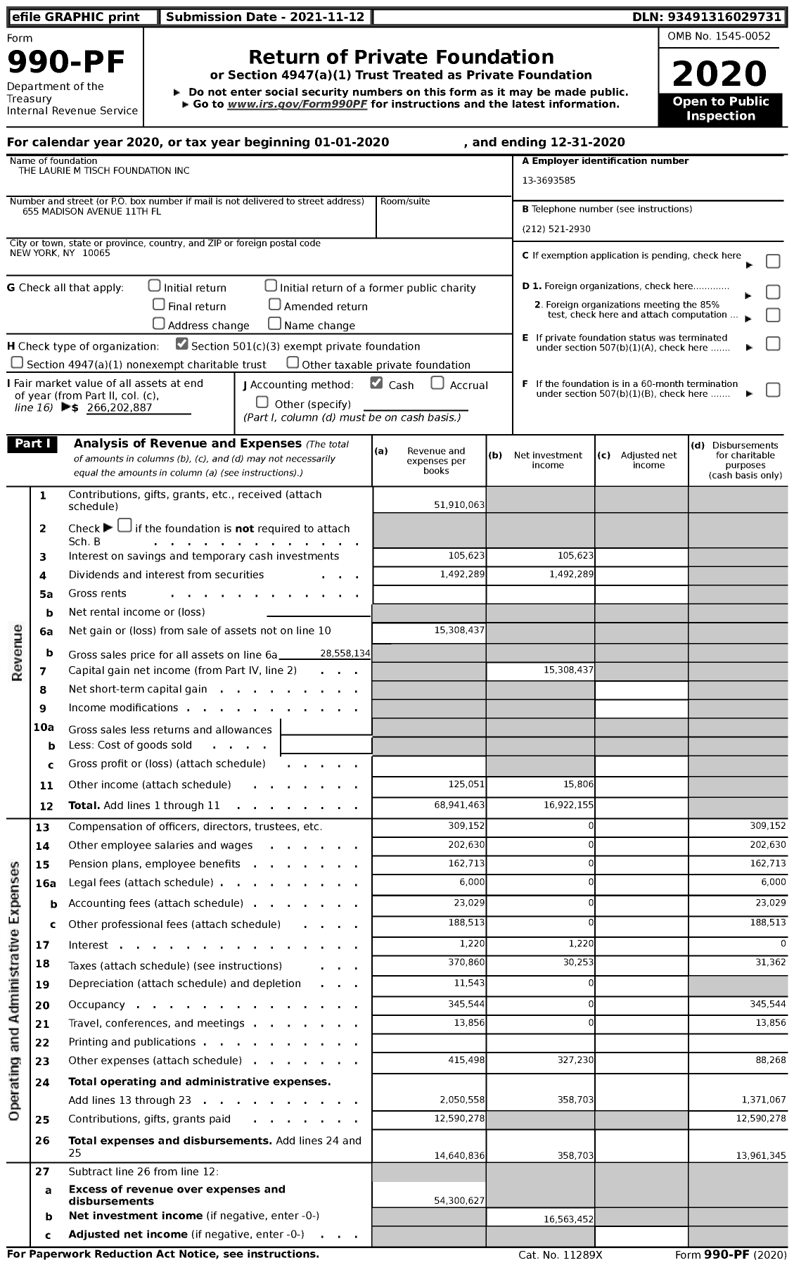 Image of first page of 2020 Form 990PF for The Laurie M. Tisch Foundation