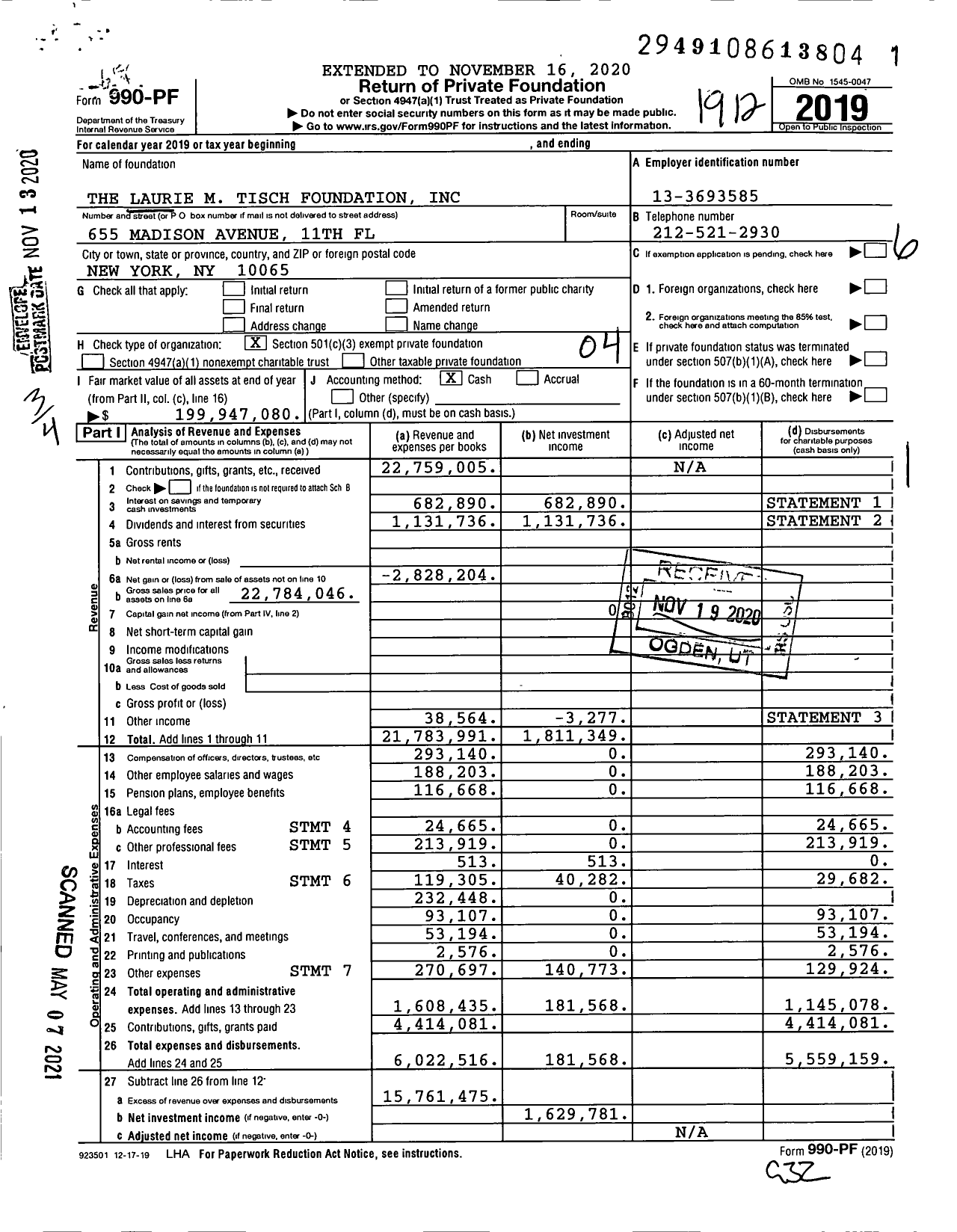 Image of first page of 2019 Form 990PF for The Laurie M. Tisch Foundation