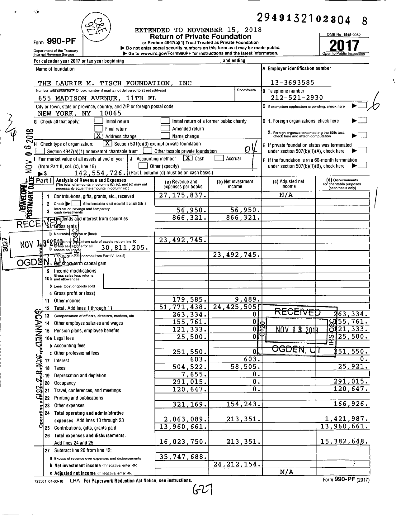 Image of first page of 2017 Form 990PF for The Laurie M. Tisch Foundation