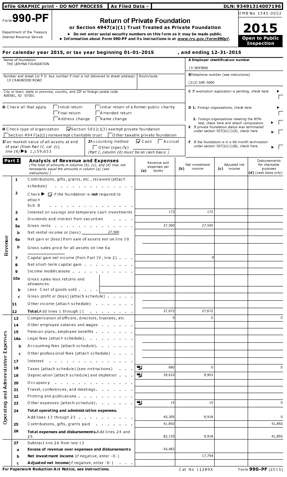 Image of first page of 2015 Form 990PF for The Leryna Foundation