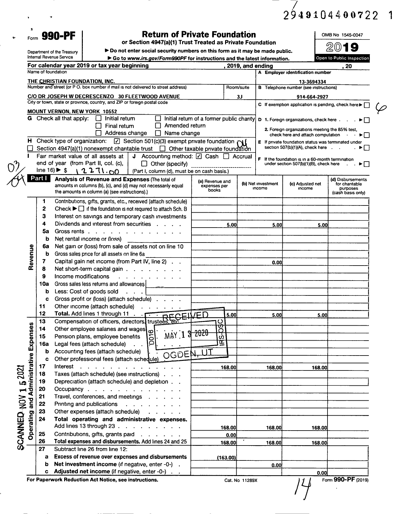 Image of first page of 2019 Form 990PF for The Christian Foundation