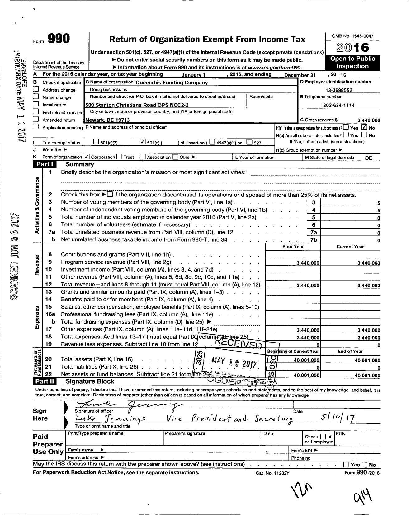 Image of first page of 2016 Form 990O for Queenrhis Funding Company
