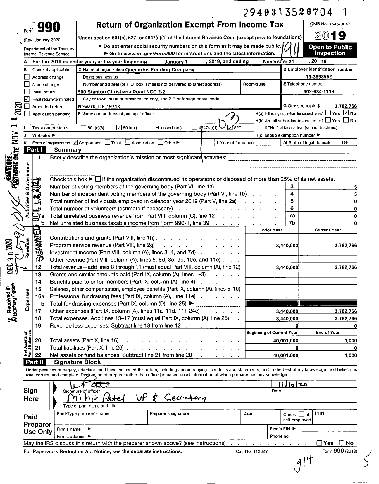 Image of first page of 2018 Form 990 for Queenrhis Funding Company