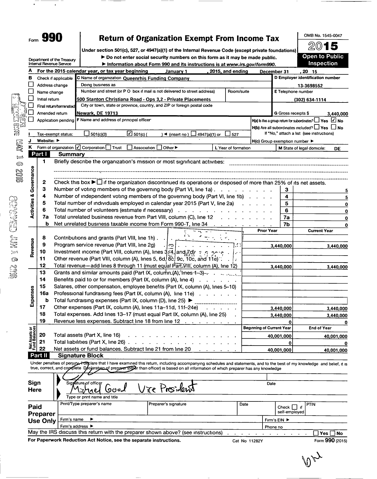 Image of first page of 2015 Form 990O for Queenrhis Funding Company
