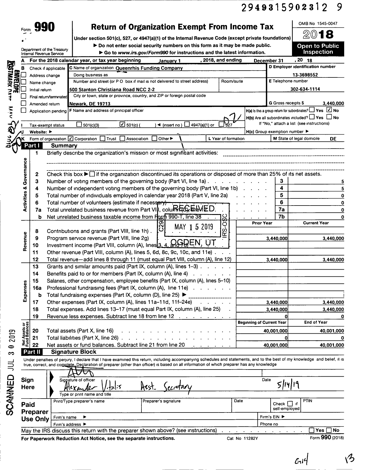 Image of first page of 2018 Form 990O for Queenrhis Funding Company