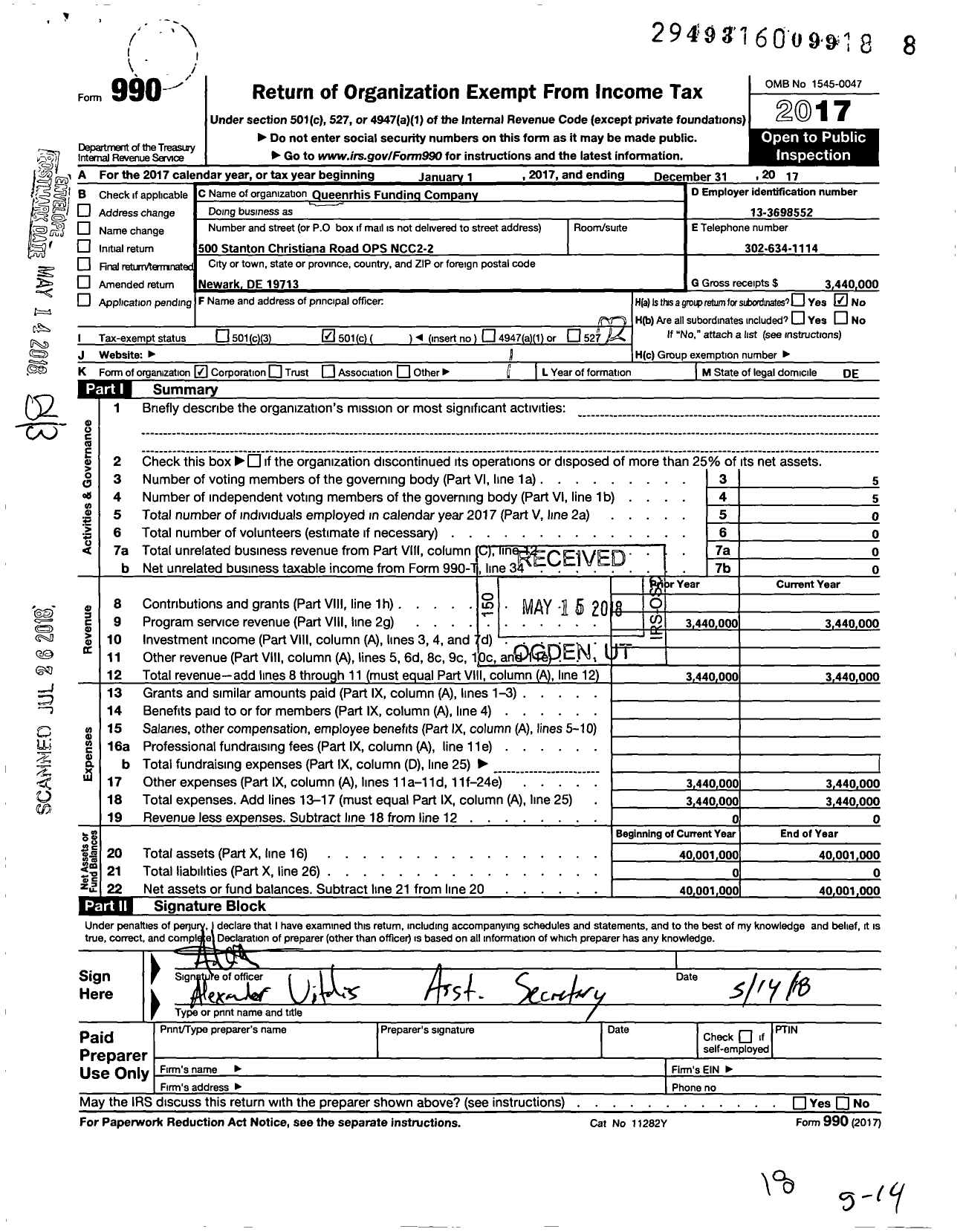 Image of first page of 2017 Form 990O for Queenrhis Funding Company