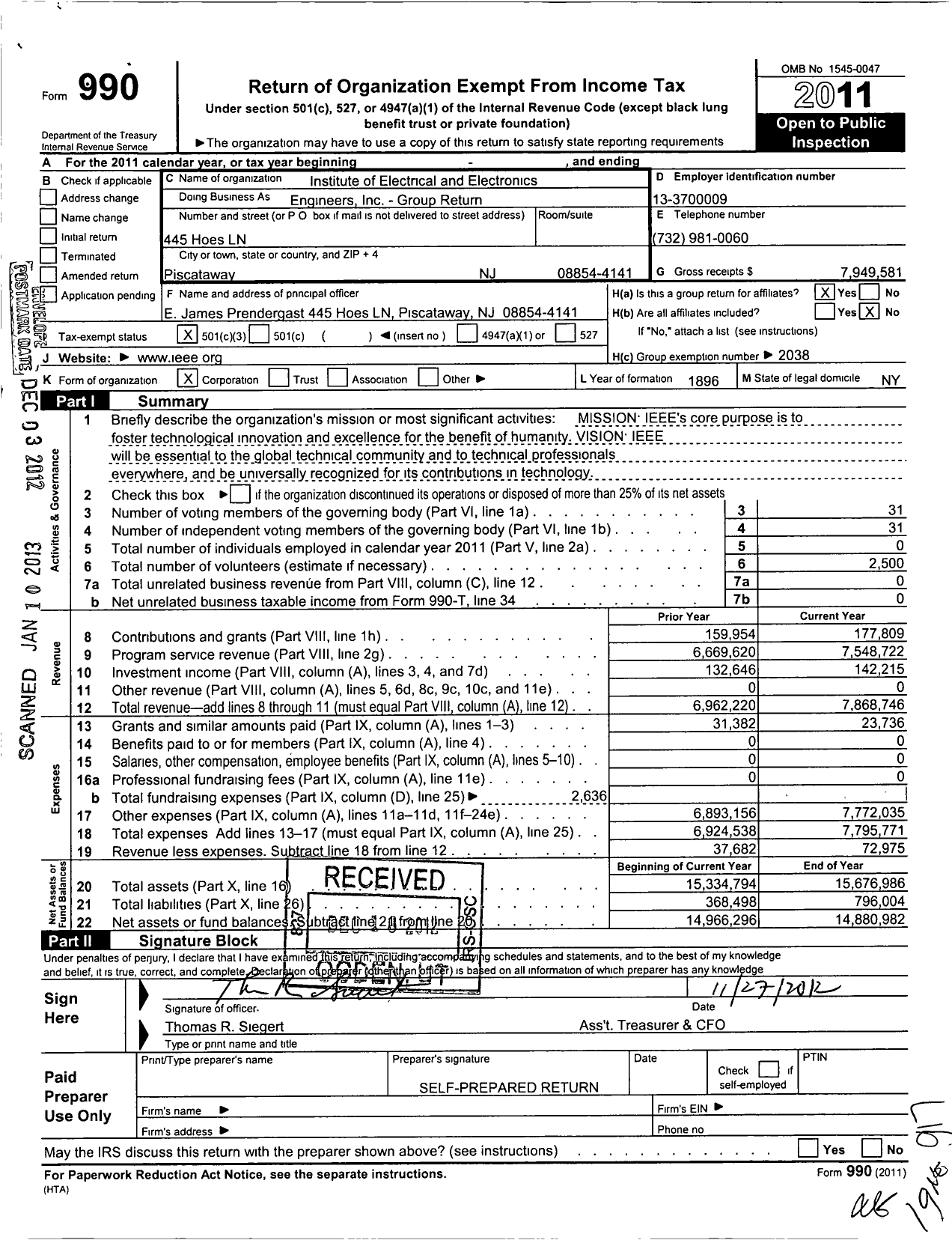 Image of first page of 2011 Form 990 for Institute of Electrical and Electronics Engineers / Engineers Inc-Group Return (IEEE)