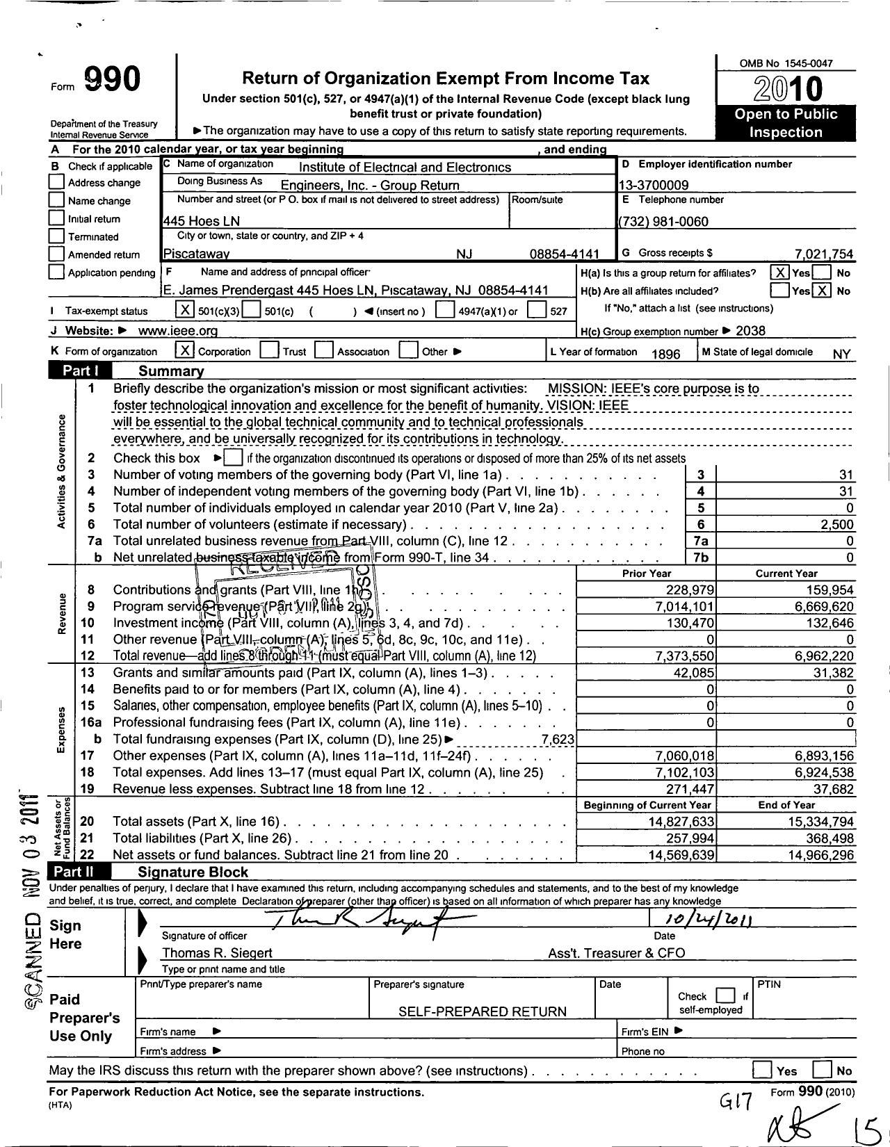 Image of first page of 2010 Form 990 for Institute of Electrical and Electronics Engineers / Engineers Inc-Group Return (IEEE)