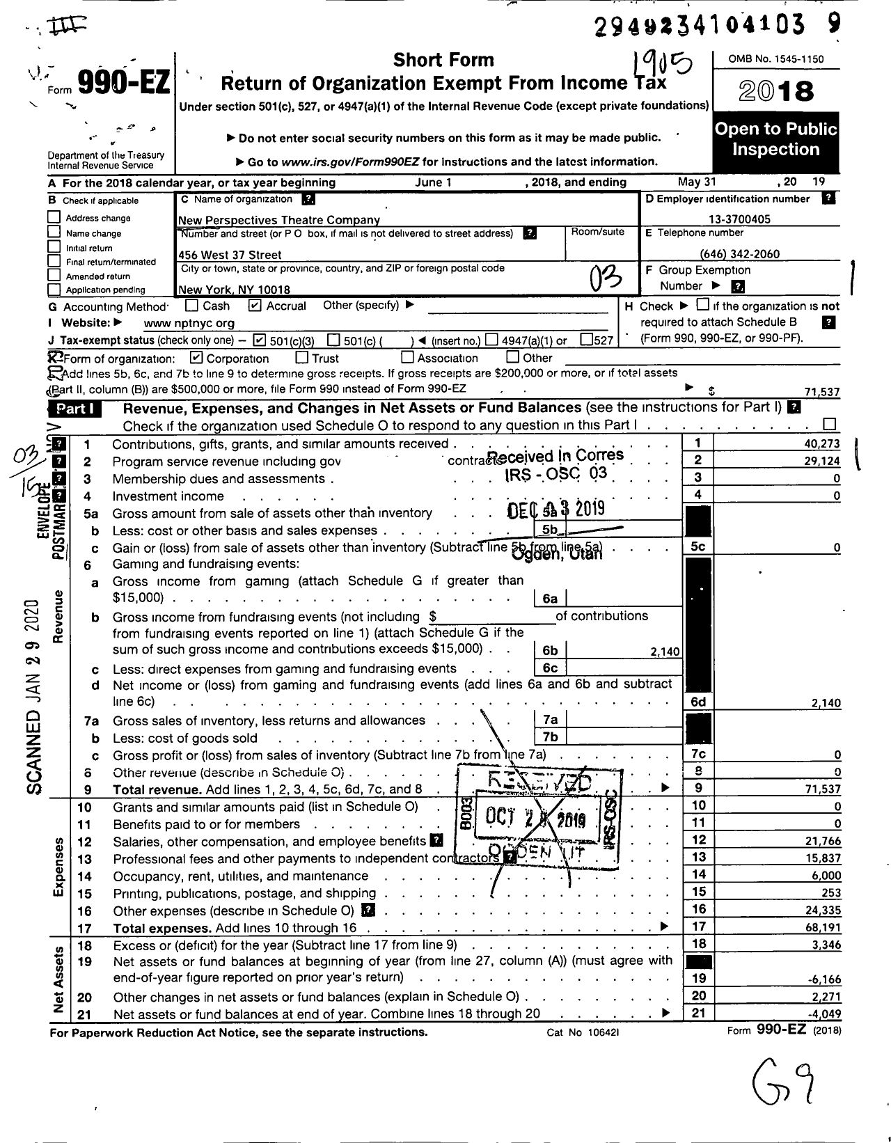 Image of first page of 2018 Form 990EZ for New Perspectives Theatre Company