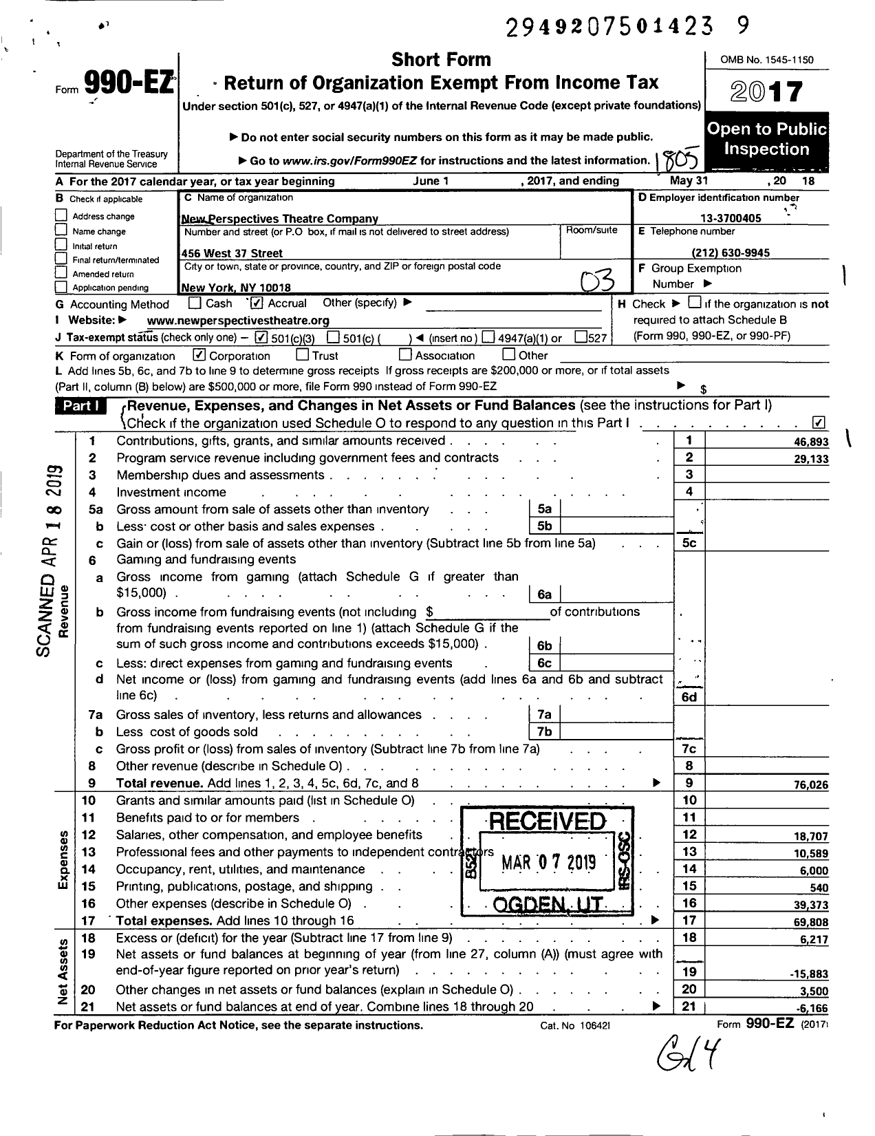 Image of first page of 2017 Form 990EZ for New Perspectives Theatre Company