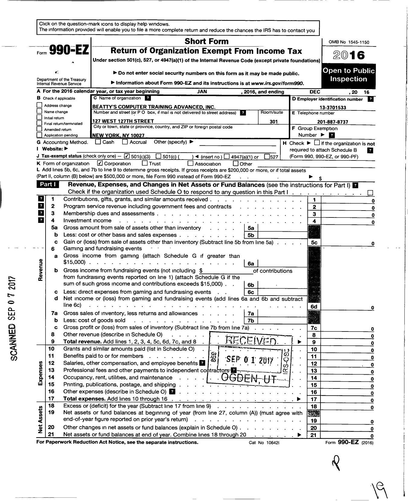 Image of first page of 2016 Form 990EZ for Beattys Computer Training Advanced