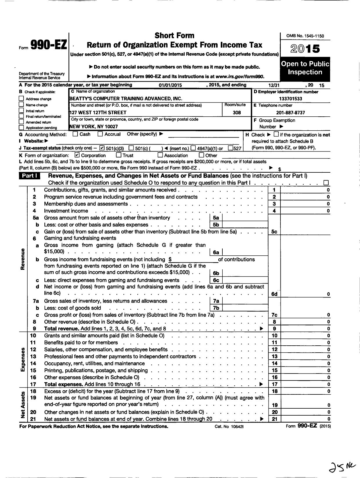 Image of first page of 2015 Form 990EZ for Beattys Computer Training Advanced