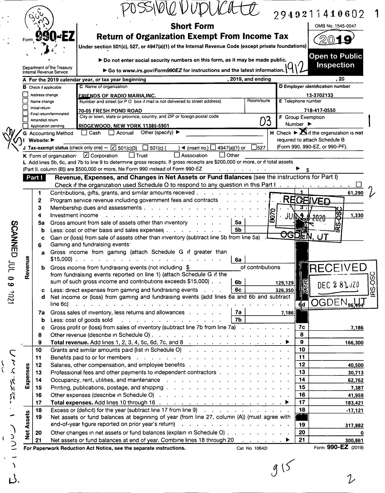 Image of first page of 2019 Form 990EZ for Friends of Radio Maria