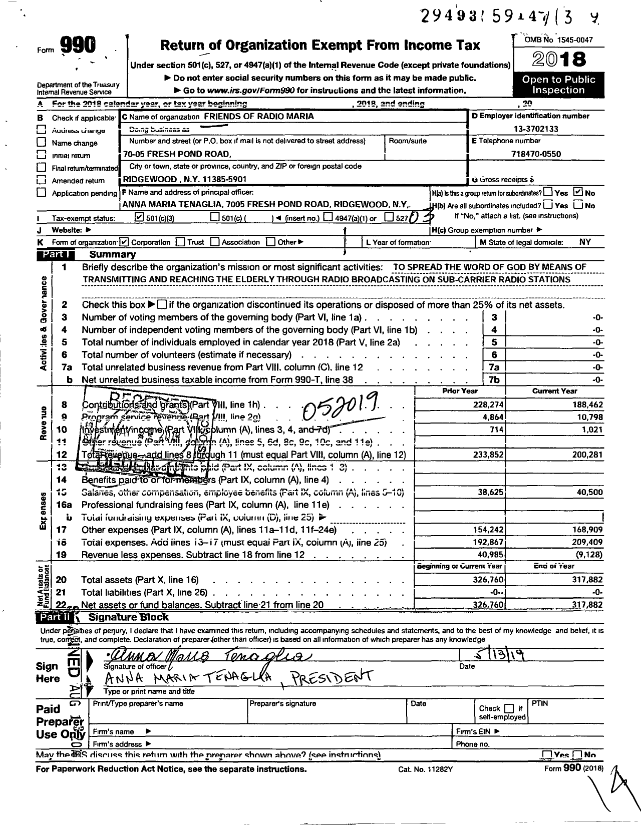 Image of first page of 2018 Form 990 for Friends of Radio Maria