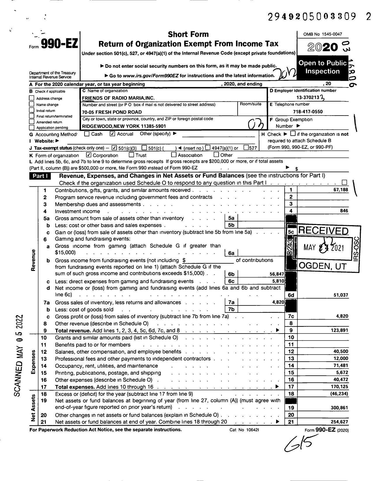 Image of first page of 2020 Form 990EZ for Friends of Radio Maria