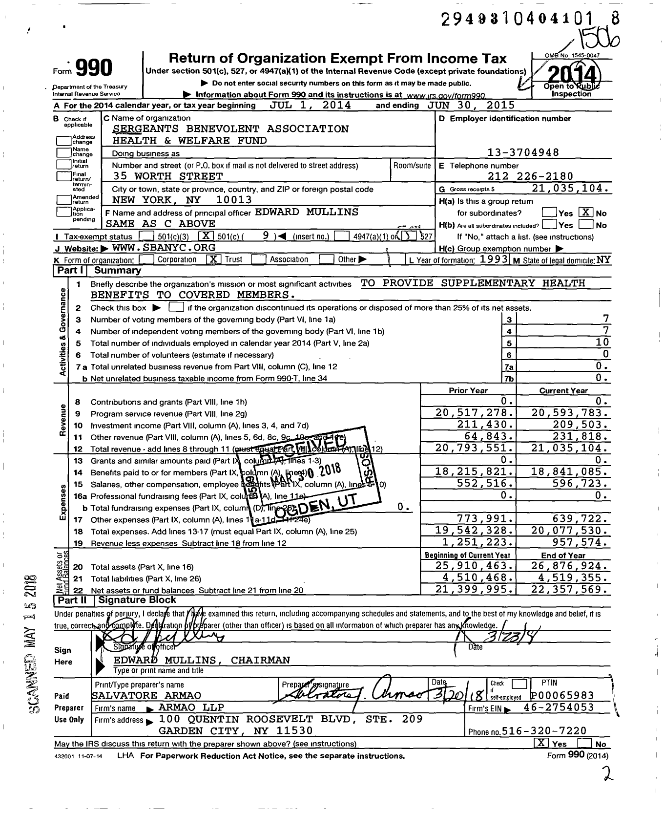 Image of first page of 2014 Form 990O for SERGEANTS Benevolent Association Health & Welfare Fund