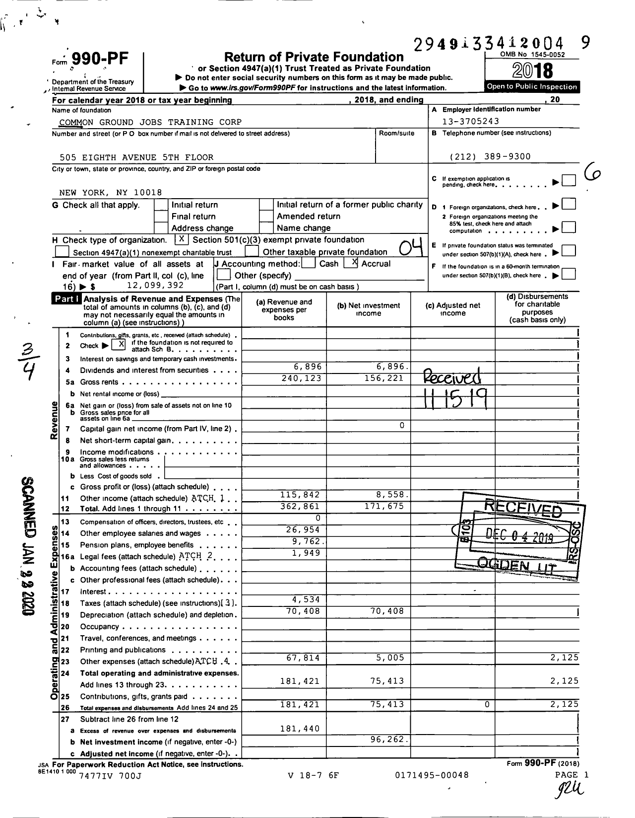 Image of first page of 2018 Form 990PF for Common Ground Jobs Training Corporation