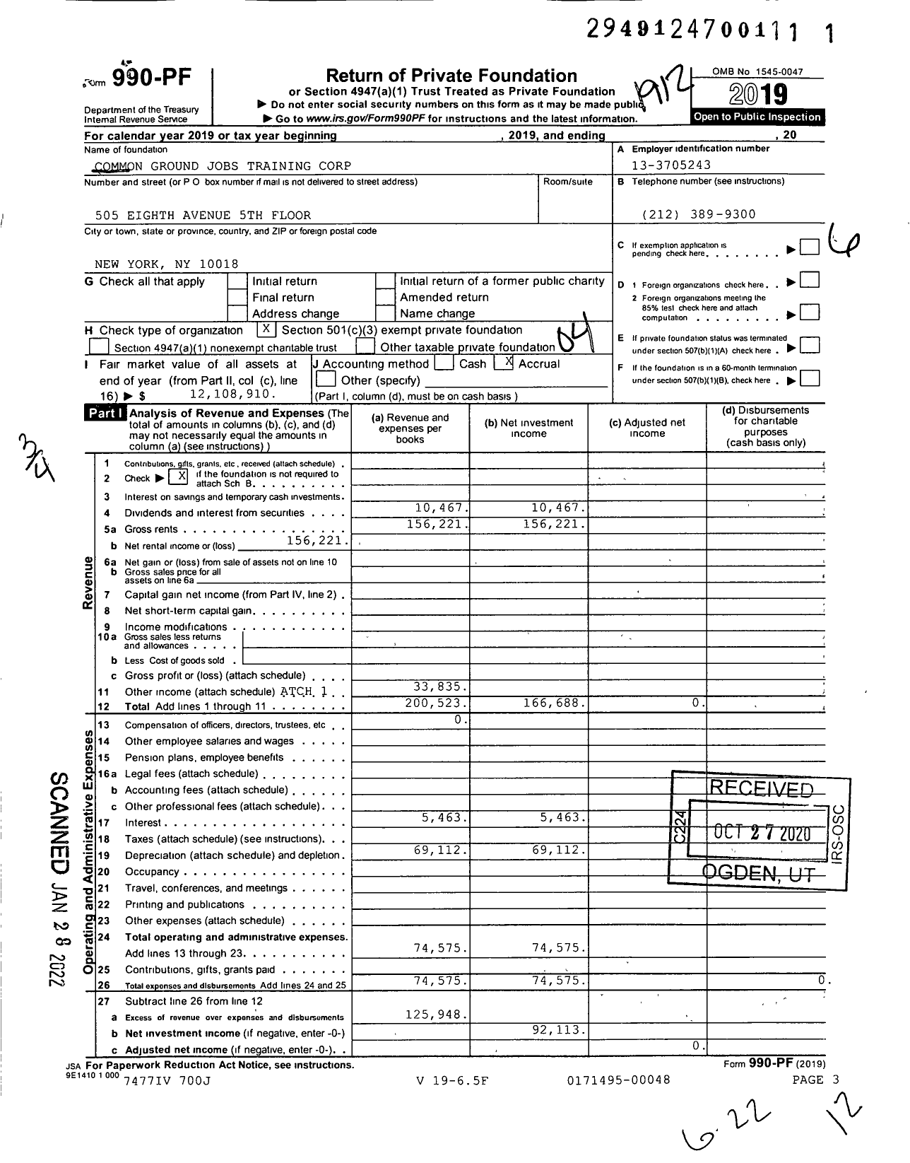 Image of first page of 2019 Form 990PF for Common Ground Jobs Training Corporation